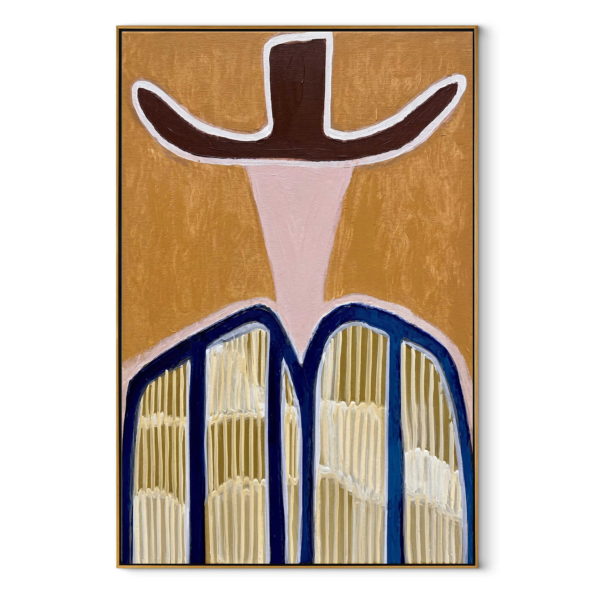 Dark Brim Crowns Linen - neutral striped hat figure painting by Elliot Vale, modern figurative vertical wall art - framed artwork on white background