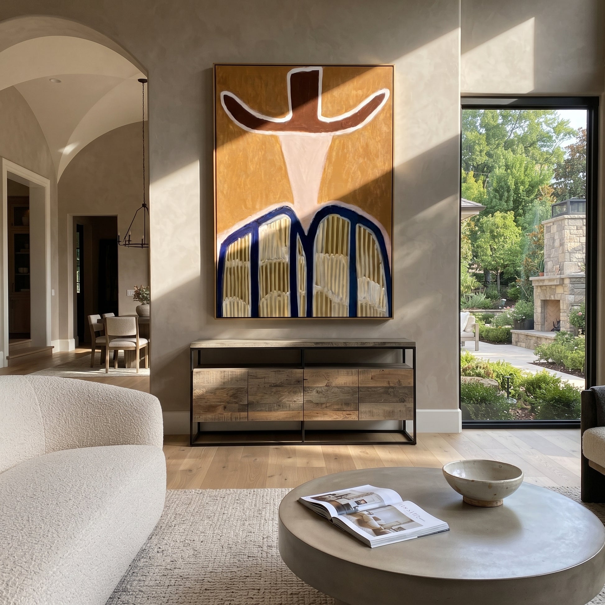 Dark Brim Crowns Linen - neutral striped hat figure painting by Elliot Vale, modern figurative vertical wall art - styled room scene view 3