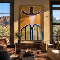 Dark Brim Crowns Linen - neutral striped hat figure painting by Elliot Vale, modern figurative vertical wall art - styled room scene view 4