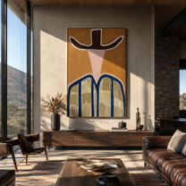 Dark Brim Crowns Linen - neutral striped hat figure painting by Elliot Vale, modern figurative vertical wall art - styled room scene view 5