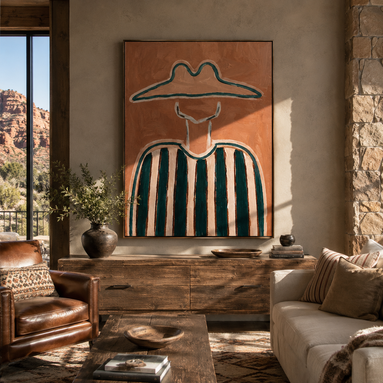 Teal Peaks Hold Rust - green striped figure painting by Elliot Vale, modern figurative vertical wall art - styled room scene view 1