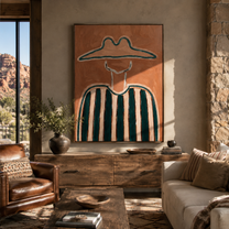 Teal Peaks Hold Rust - green striped figure painting by Elliot Vale, modern figurative vertical wall art - styled room scene view 1