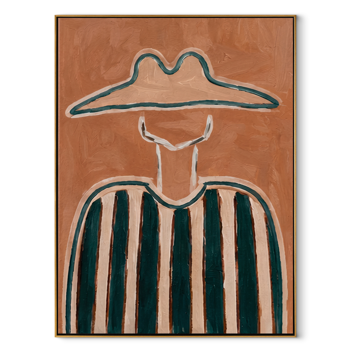 Teal Peaks Hold Rust - green striped figure painting by Elliot Vale, modern figurative vertical wall art - framed artwork on white background