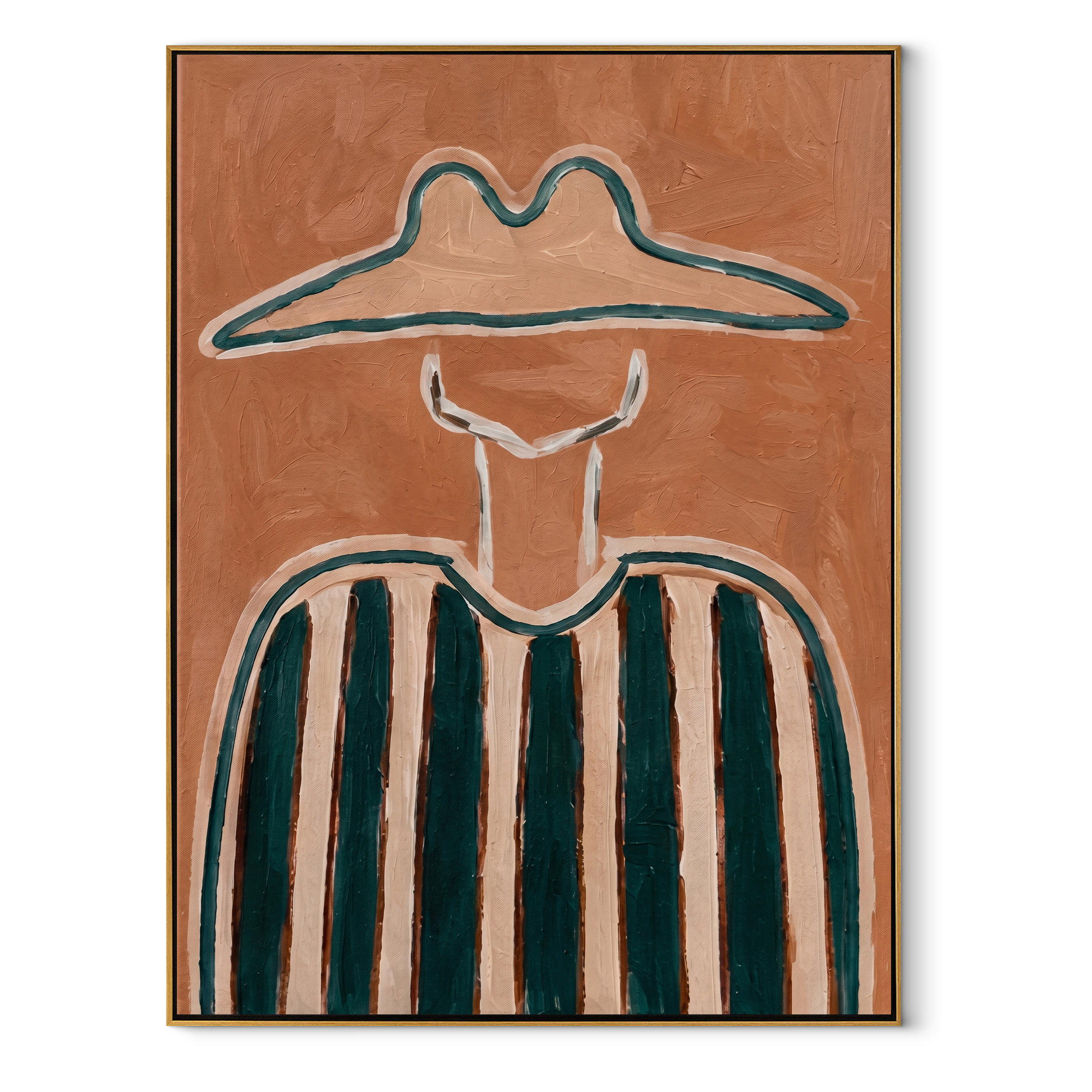 Teal Peaks Hold Rust - green striped figure painting by Elliot Vale, modern figurative vertical wall art - framed artwork on white background