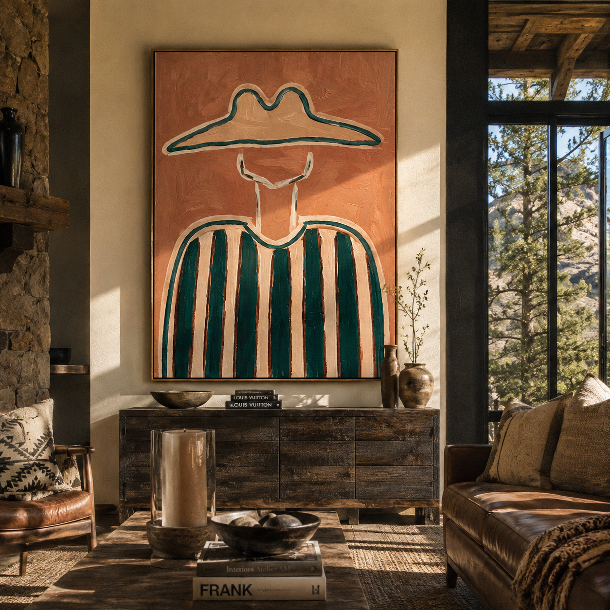 Teal Peaks Hold Rust - green striped figure painting by Elliot Vale, modern figurative vertical wall art - styled room scene view 2