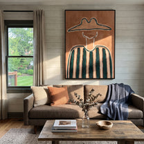 Teal Peaks Hold Rust - green striped figure painting by Elliot Vale, modern figurative vertical wall art - styled room scene view 4