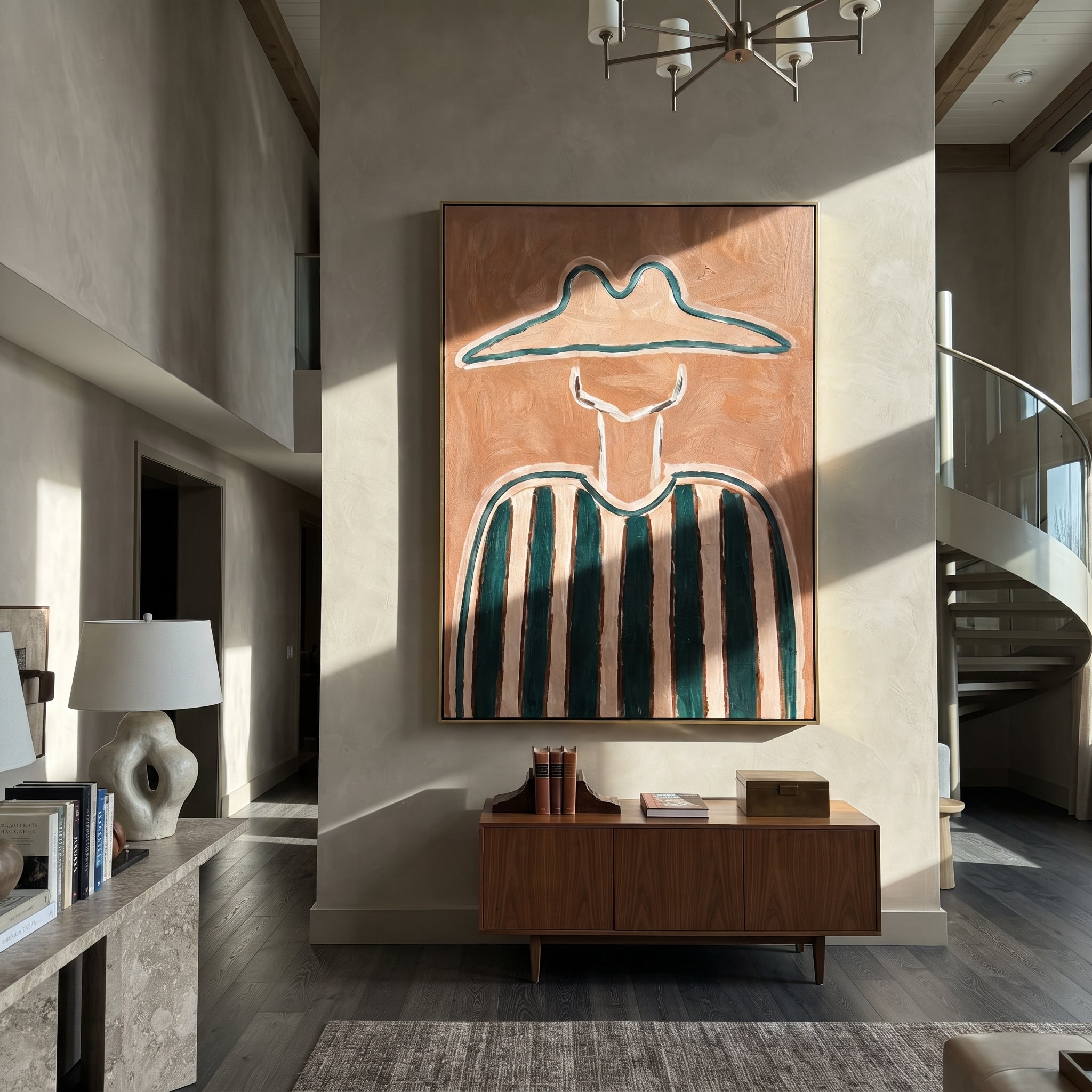 Teal Peaks Hold Rust - green striped figure painting by Elliot Vale, modern figurative vertical wall art - styled room scene view 5