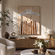 Blue Peaks Shade Brown - brown striped figure painting by Elliot Vale, modern figurative vertical wall art - styled room scene view 1
