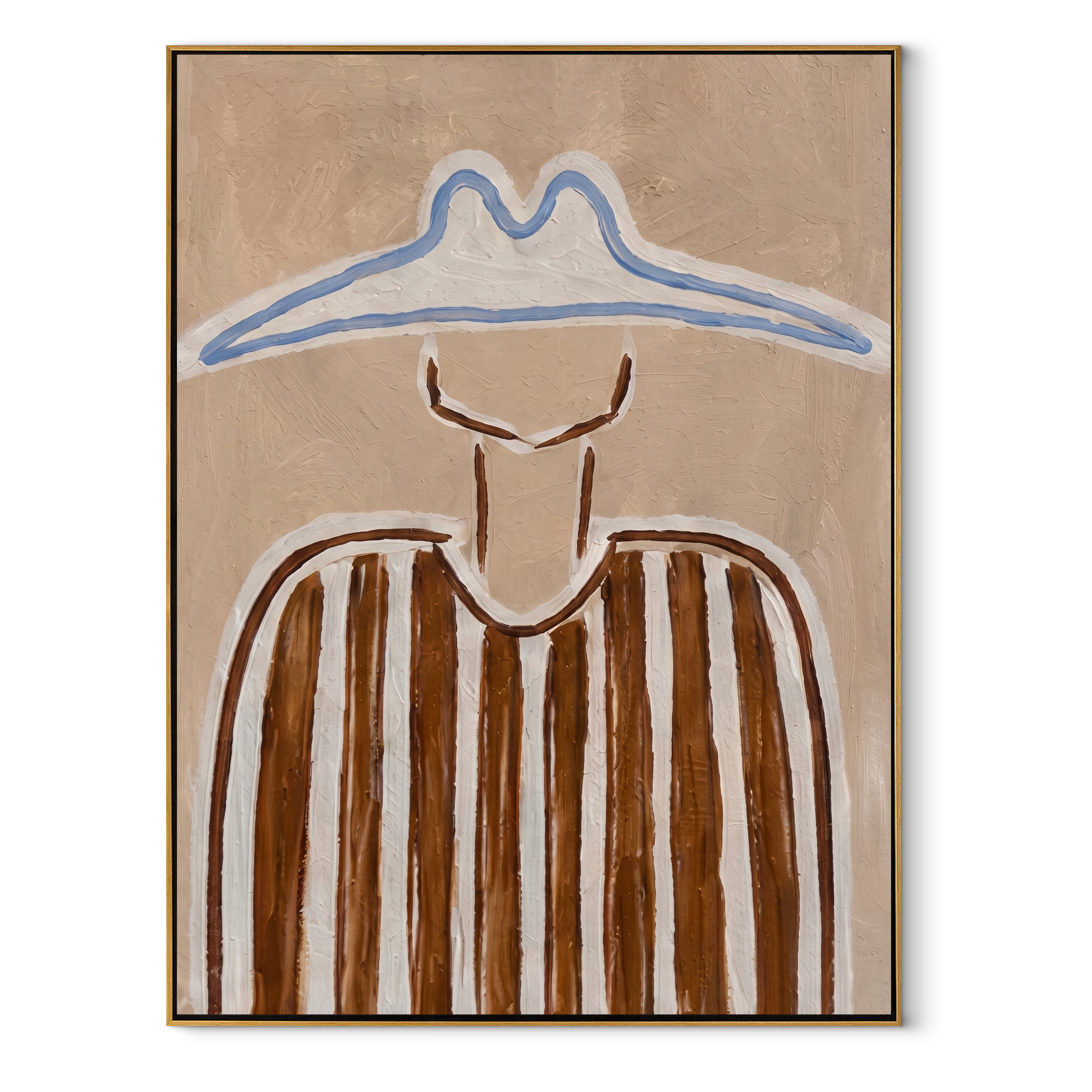 Blue Peaks Shade Brown - brown striped figure painting by Elliot Vale, modern figurative vertical wall art - framed artwork on white background
