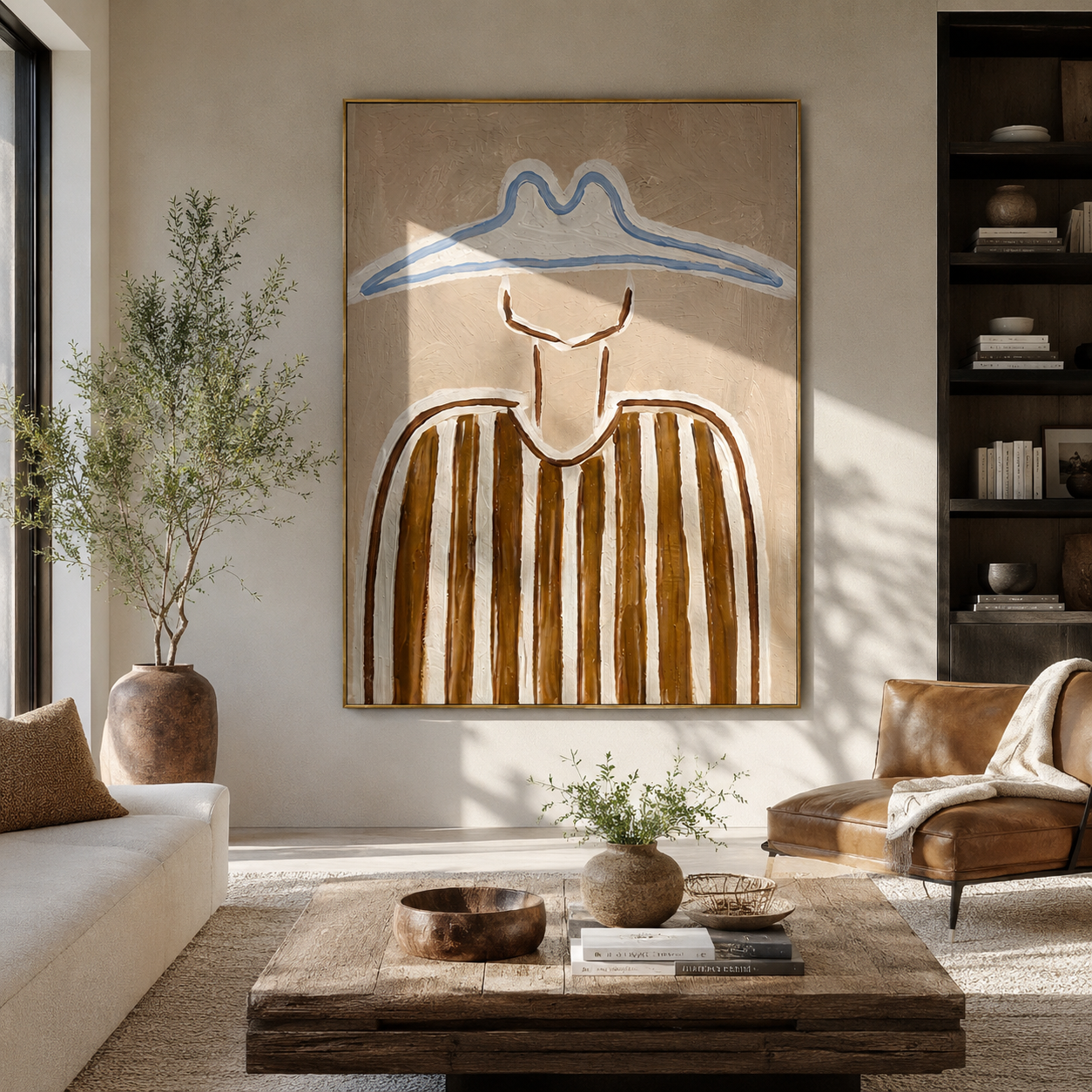 Blue Peaks Shade Brown - brown striped figure painting by Elliot Vale, modern figurative vertical wall art - styled room scene view 2