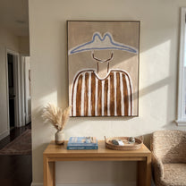 Blue Peaks Shade Brown - brown striped figure painting by Elliot Vale, modern figurative vertical wall art - styled room scene view 4