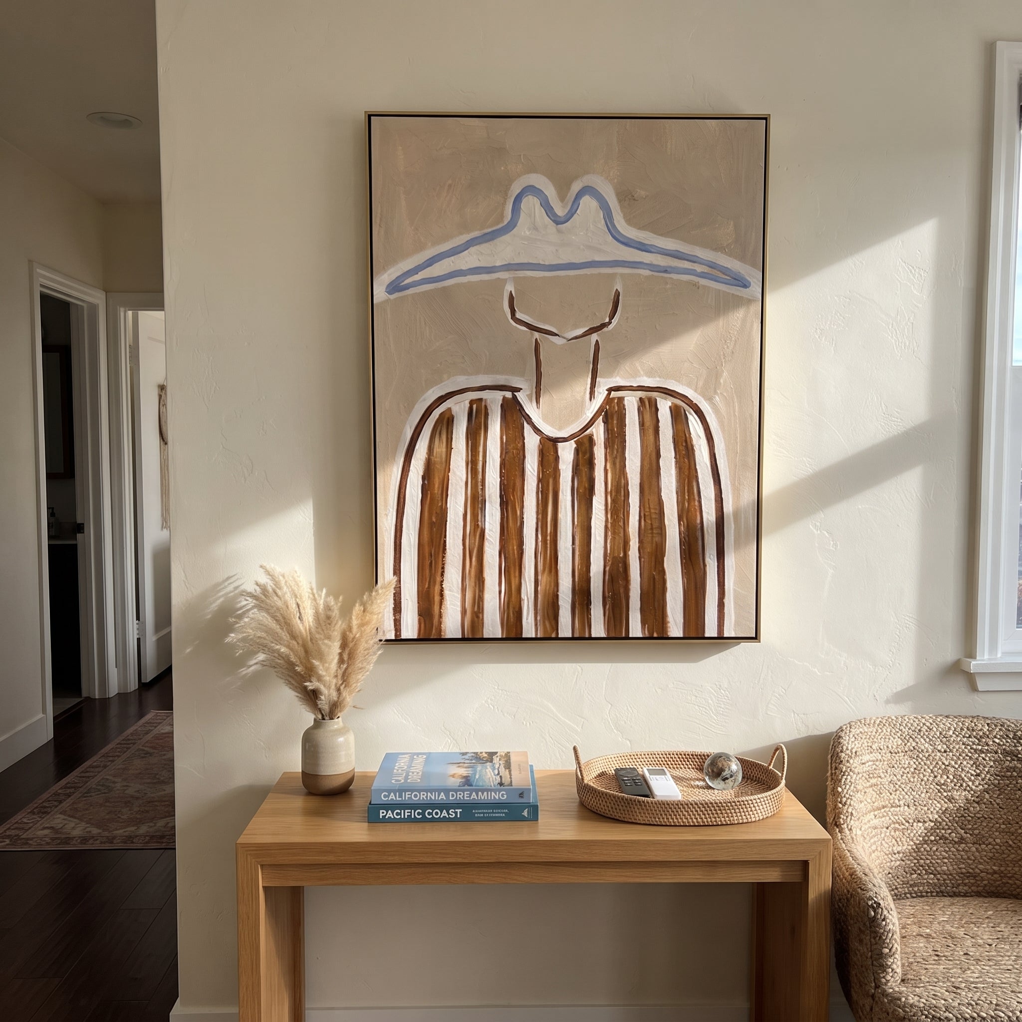 Blue Peaks Shade Brown - brown striped figure painting by Elliot Vale, modern figurative vertical wall art - styled room scene view 4