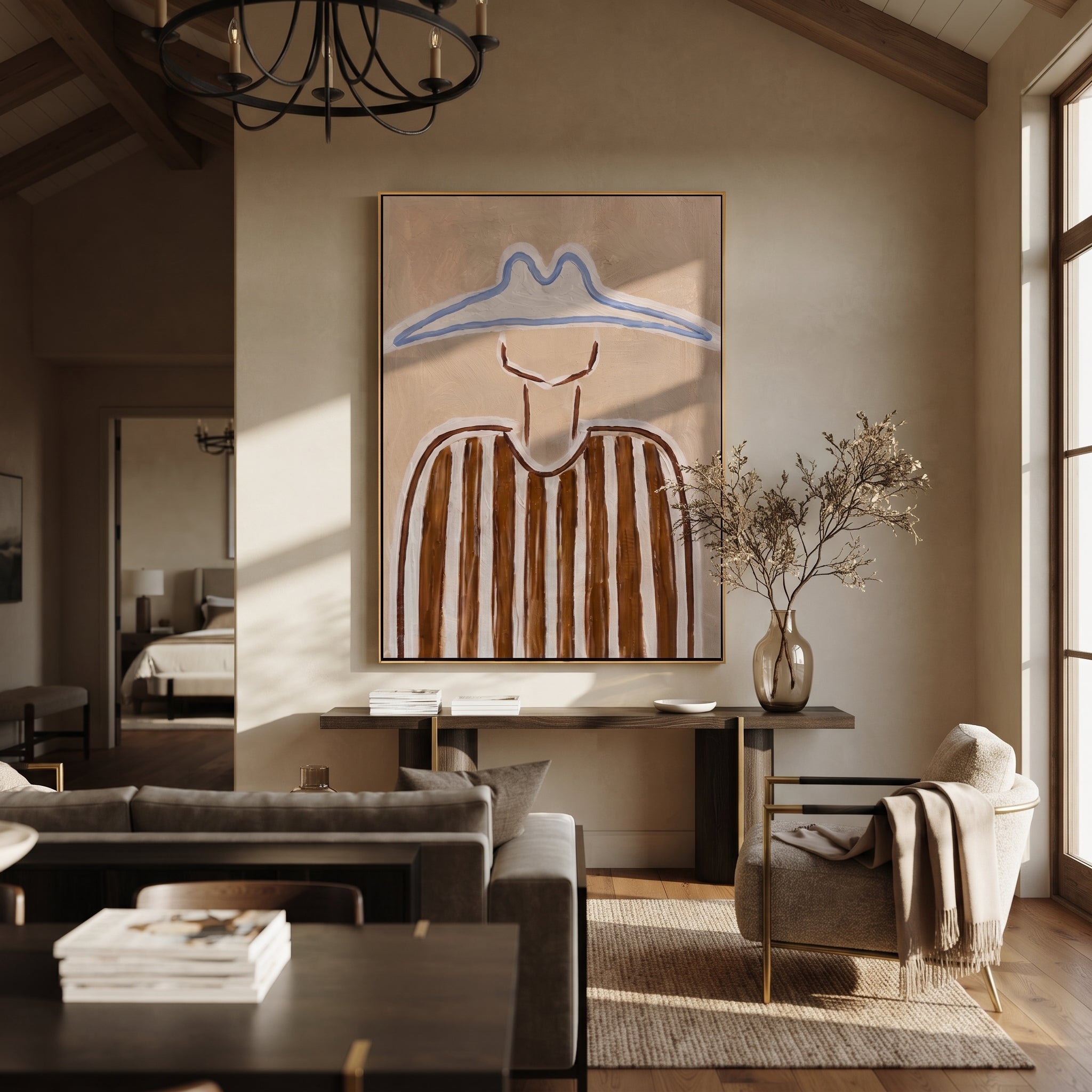 Blue Peaks Shade Brown - brown striped figure painting by Elliot Vale, modern figurative vertical wall art - styled room scene view 5