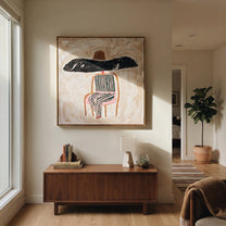 Black Brim Covers Chair - seated striped figure painting by Elliot Vale, modern figurative square wall art - styled room scene view 1