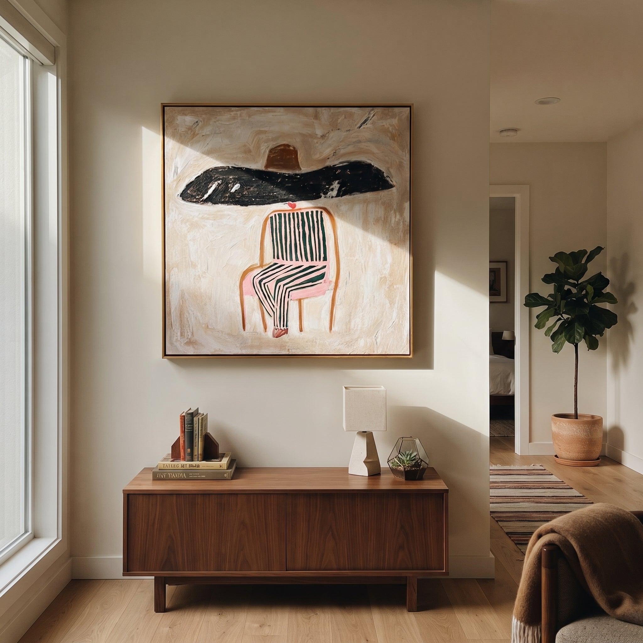 Black Brim Covers Chair - seated striped figure painting by Elliot Vale, modern figurative square wall art - styled room scene view 1