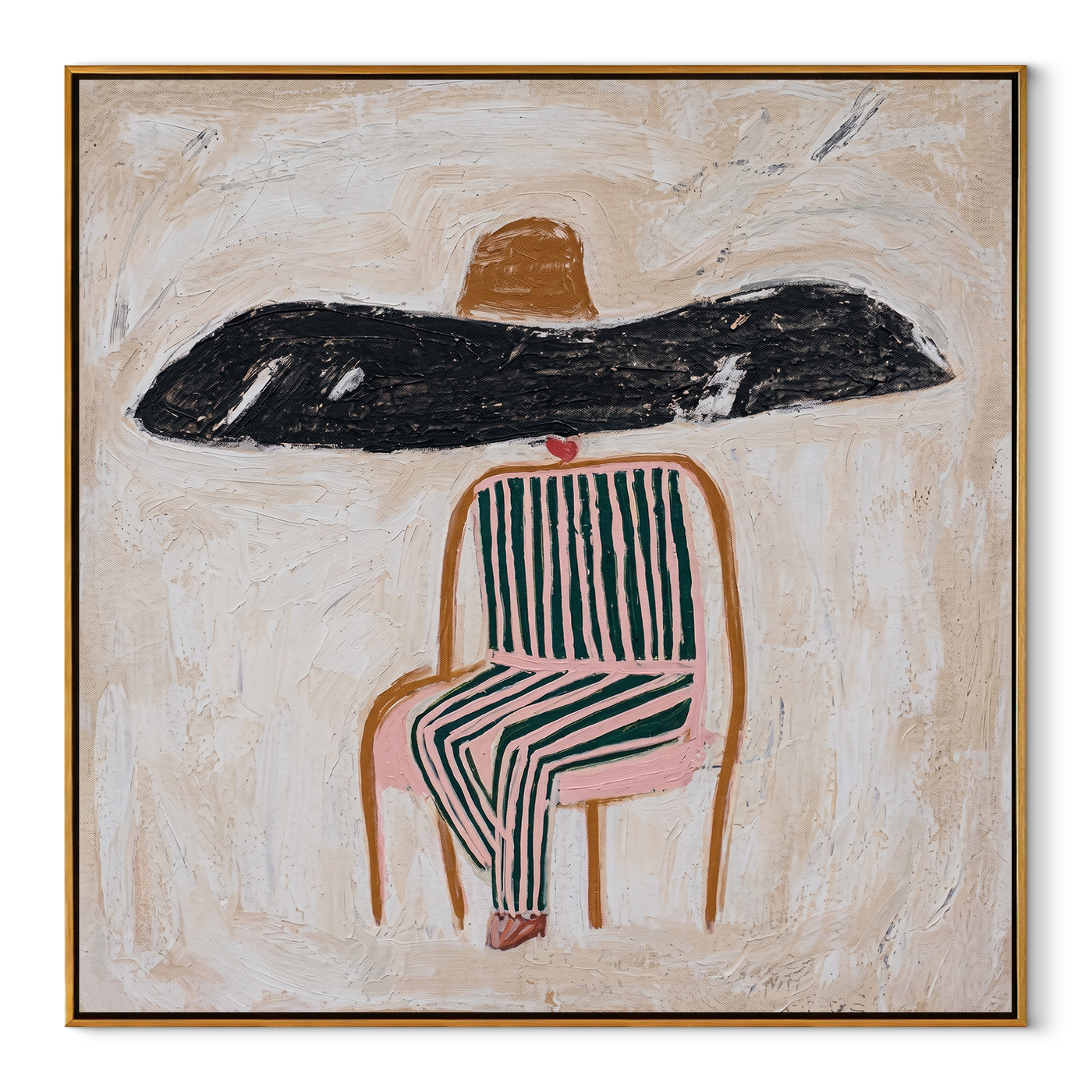 Black Brim Covers Chair - seated striped figure painting by Elliot Vale, modern figurative square wall art - framed artwork on white background