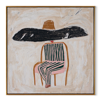 Black Brim Covers Chair - seated striped figure painting by Elliot Vale, modern figurative square wall art - framed artwork on white background