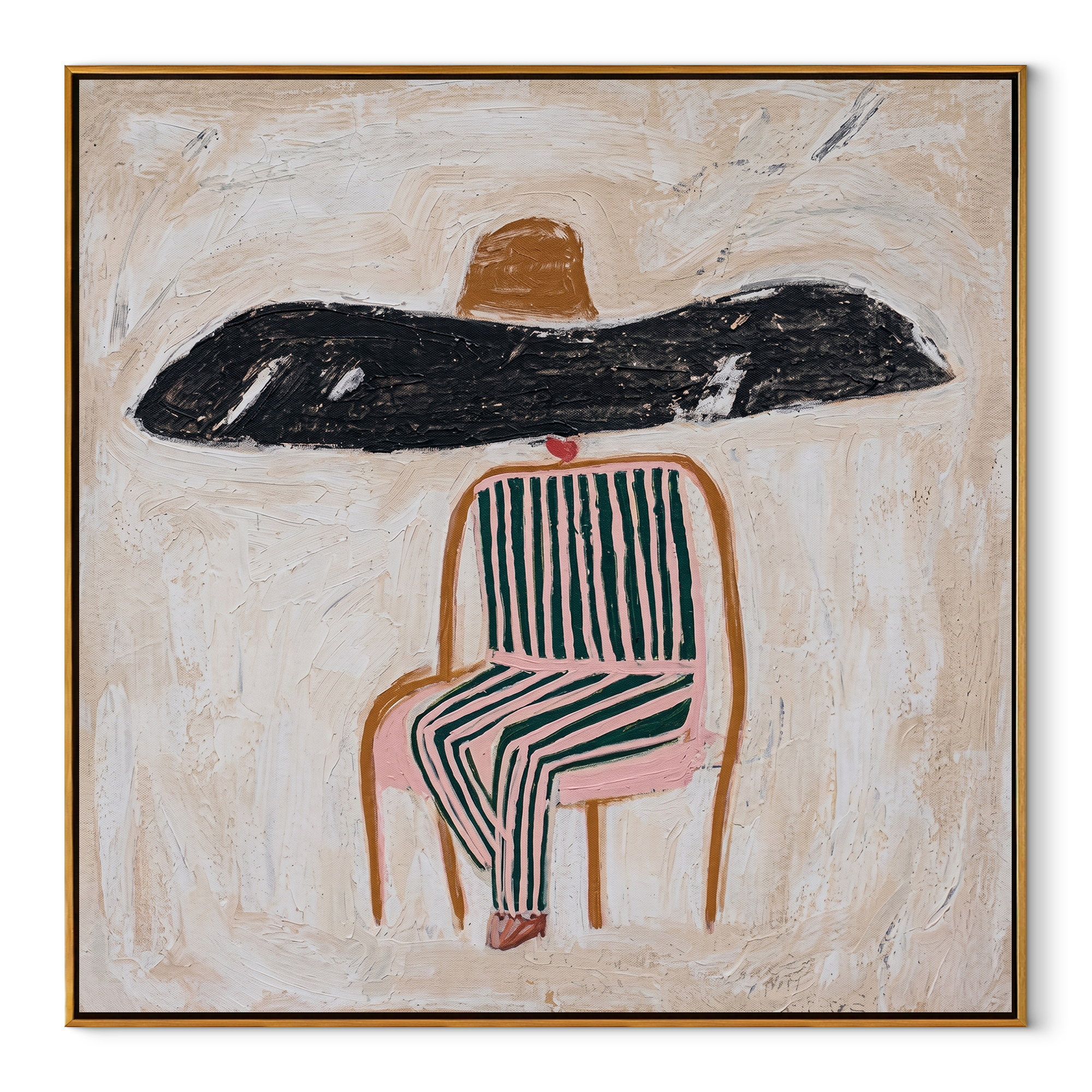Black Brim Covers Chair - seated striped figure painting by Elliot Vale, modern figurative square wall art - framed artwork on white background