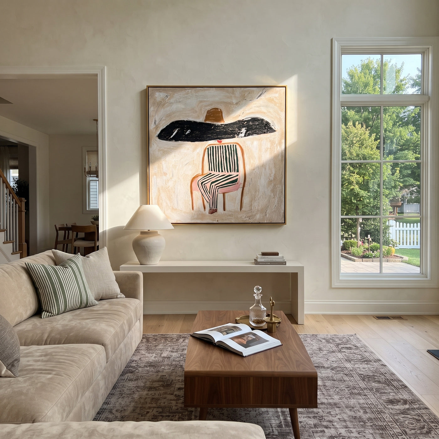 Black Brim Covers Chair - seated striped figure painting by Elliot Vale, modern figurative square wall art - styled room scene view 2