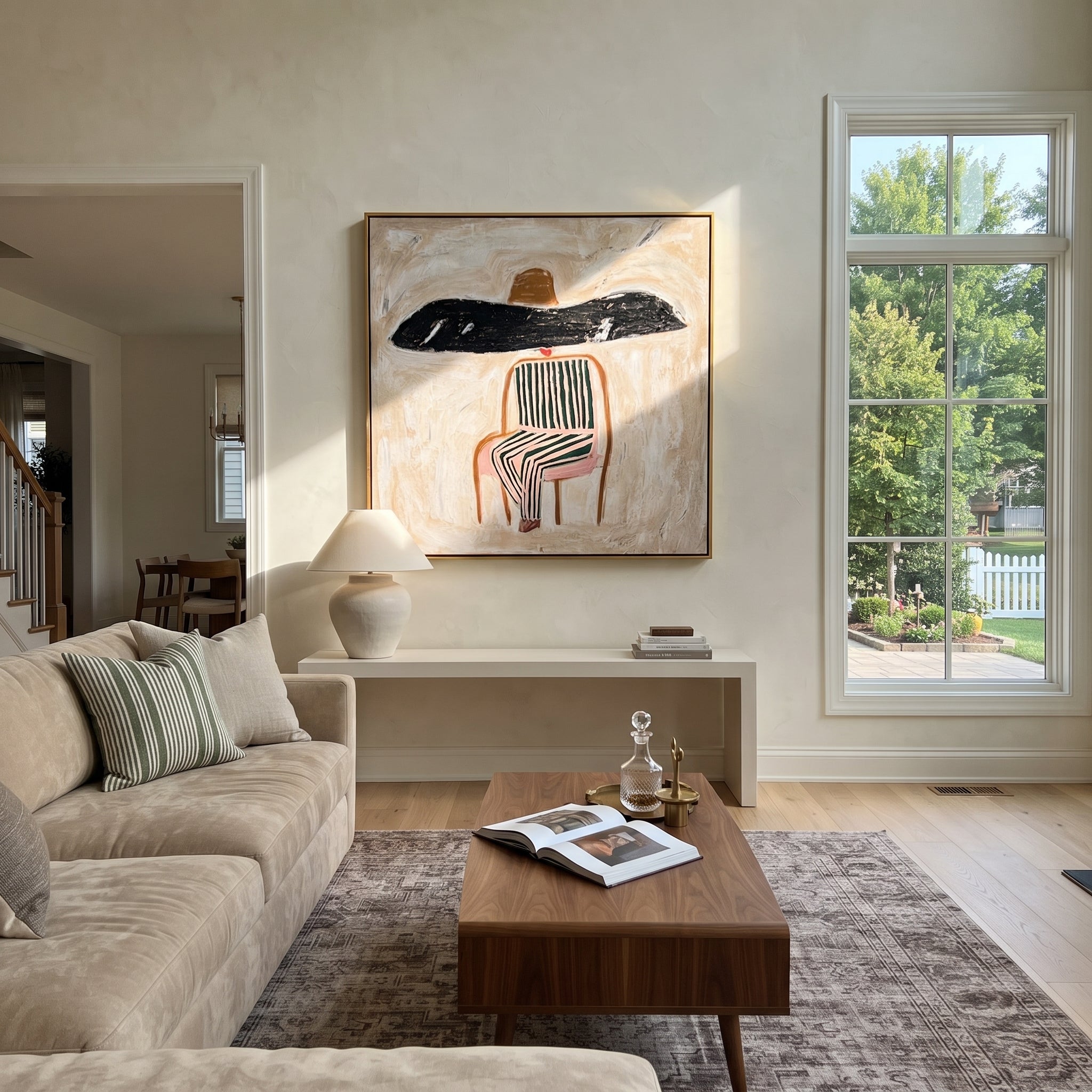 Black Brim Covers Chair - seated striped figure painting by Elliot Vale, modern figurative square wall art - styled room scene view 2