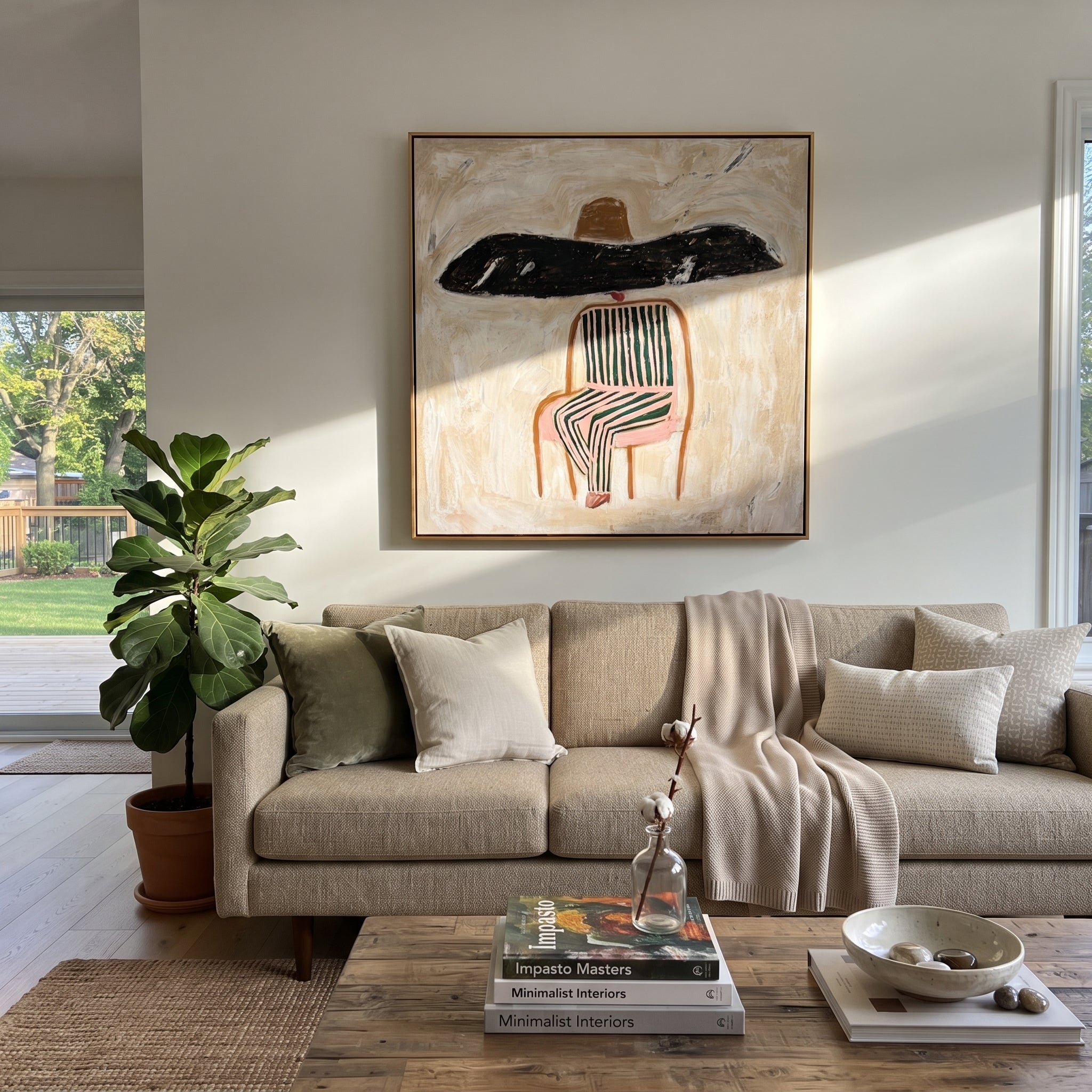 Black Brim Covers Chair - seated striped figure painting by Elliot Vale, modern figurative square wall art - styled room scene view 3