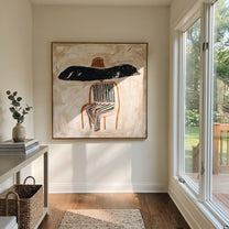 Black Brim Covers Chair - seated striped figure painting by Elliot Vale, modern figurative square wall art - styled room scene view 5