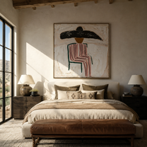 Pink Chair Waits Under - seated pink striped figure painting by Elliot Vale, modern figurative square wall art - styled room scene view 1