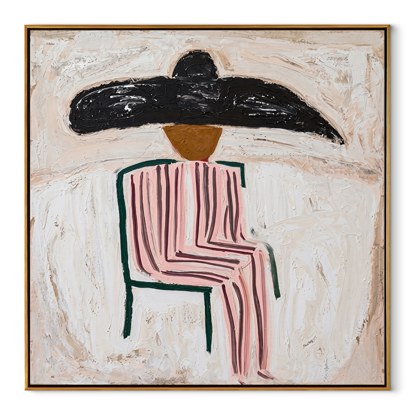 Pink Chair Waits Under - seated pink striped figure painting by Elliot Vale, modern figurative square wall art - framed artwork on white background