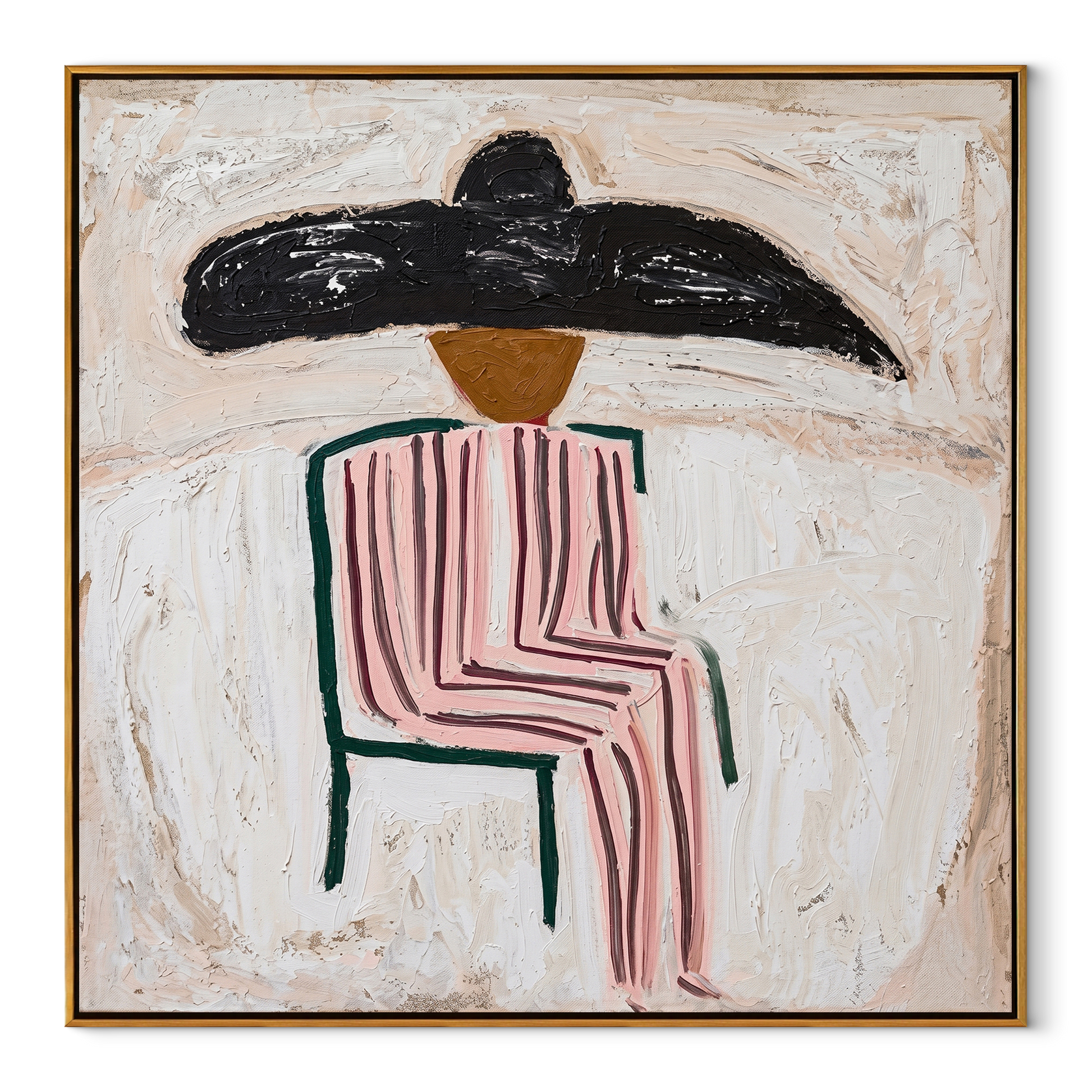 Pink Chair Waits Under - seated pink striped figure painting by Elliot Vale, modern figurative square wall art - framed artwork on white background