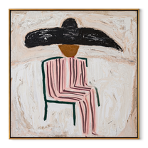 Pink Chair Waits Under - seated pink striped figure painting by Elliot Vale, modern figurative square wall art - framed artwork on white background