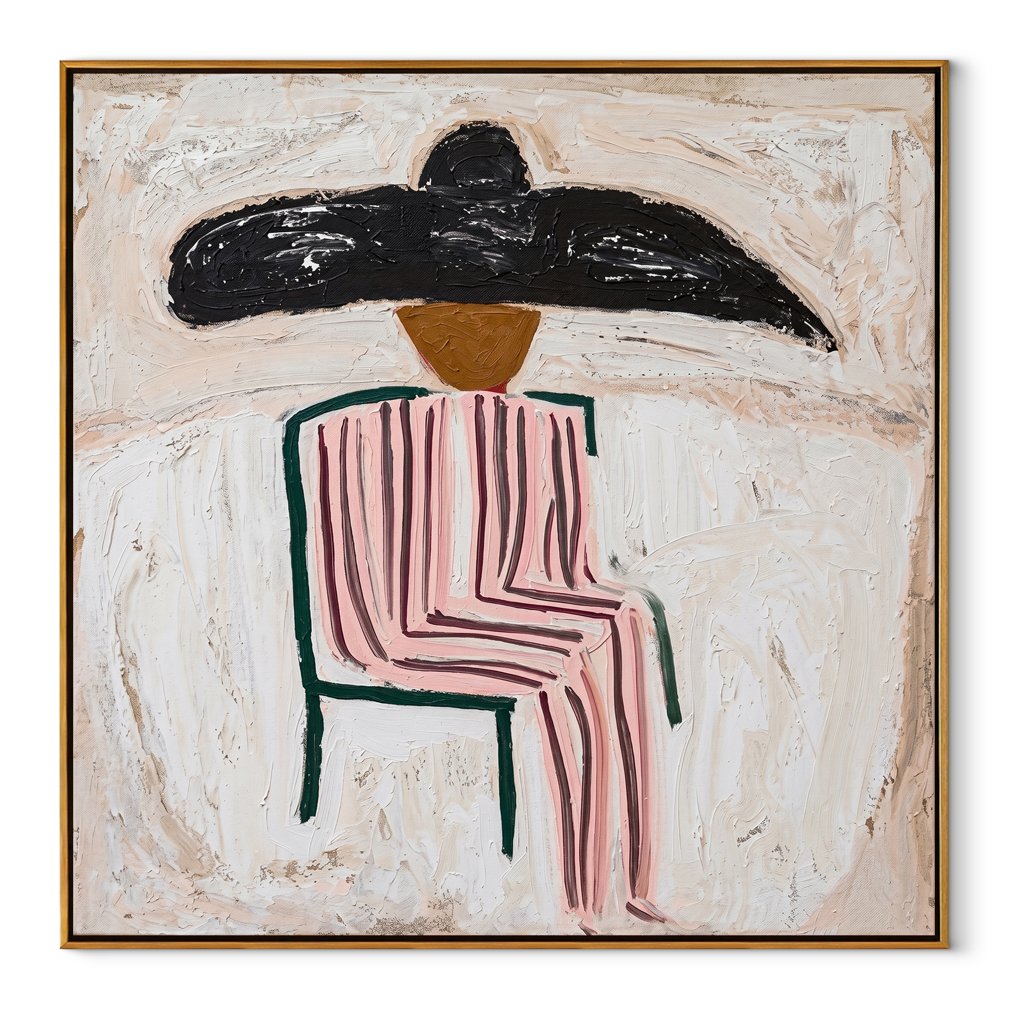 Pink Chair Waits Under - seated pink striped figure painting by Elliot Vale, modern figurative square wall art - framed artwork on white background
