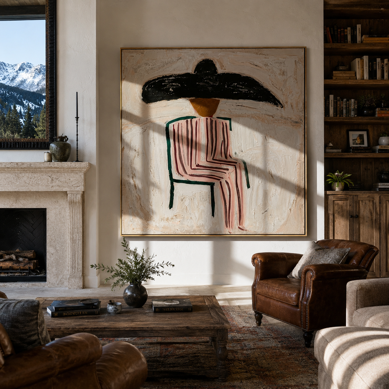 Pink Chair Waits Under - seated pink striped figure painting by Elliot Vale, modern figurative square wall art - styled room scene view 2
