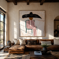 Pink Chair Waits Under - seated pink striped figure painting by Elliot Vale, modern figurative square wall art - styled room scene view 5