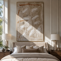 White Scratches Cross Taupe - neutral abstract texture painting by Elliot Vale, modern figurative vertical wall art - styled room scene view 1