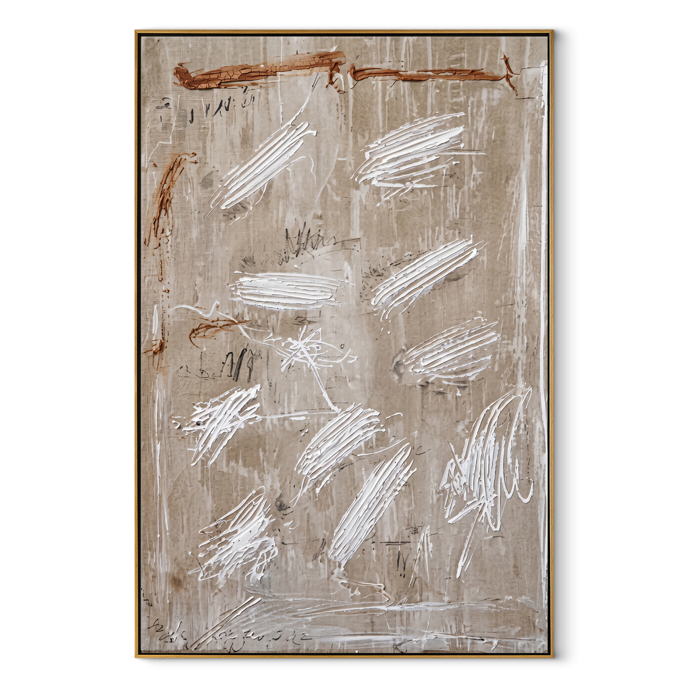 White Scratches Cross Taupe - neutral abstract texture painting by Elliot Vale, modern figurative vertical wall art - framed artwork on white background