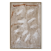 White Scratches Cross Taupe - neutral abstract texture painting by Elliot Vale, modern figurative vertical wall art - framed artwork on white background