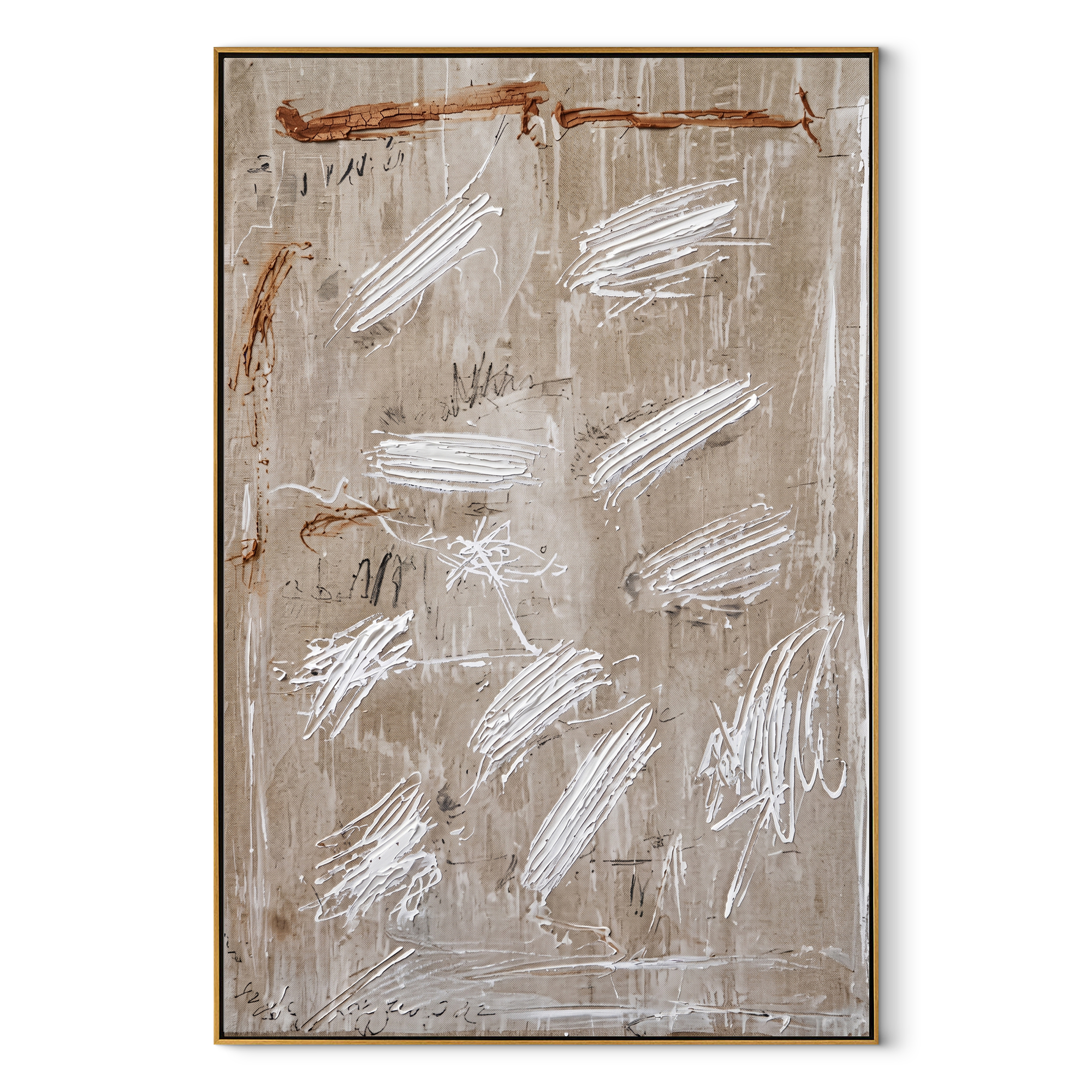 White Scratches Cross Taupe - neutral abstract texture painting by Elliot Vale, modern figurative vertical wall art - framed artwork on white background