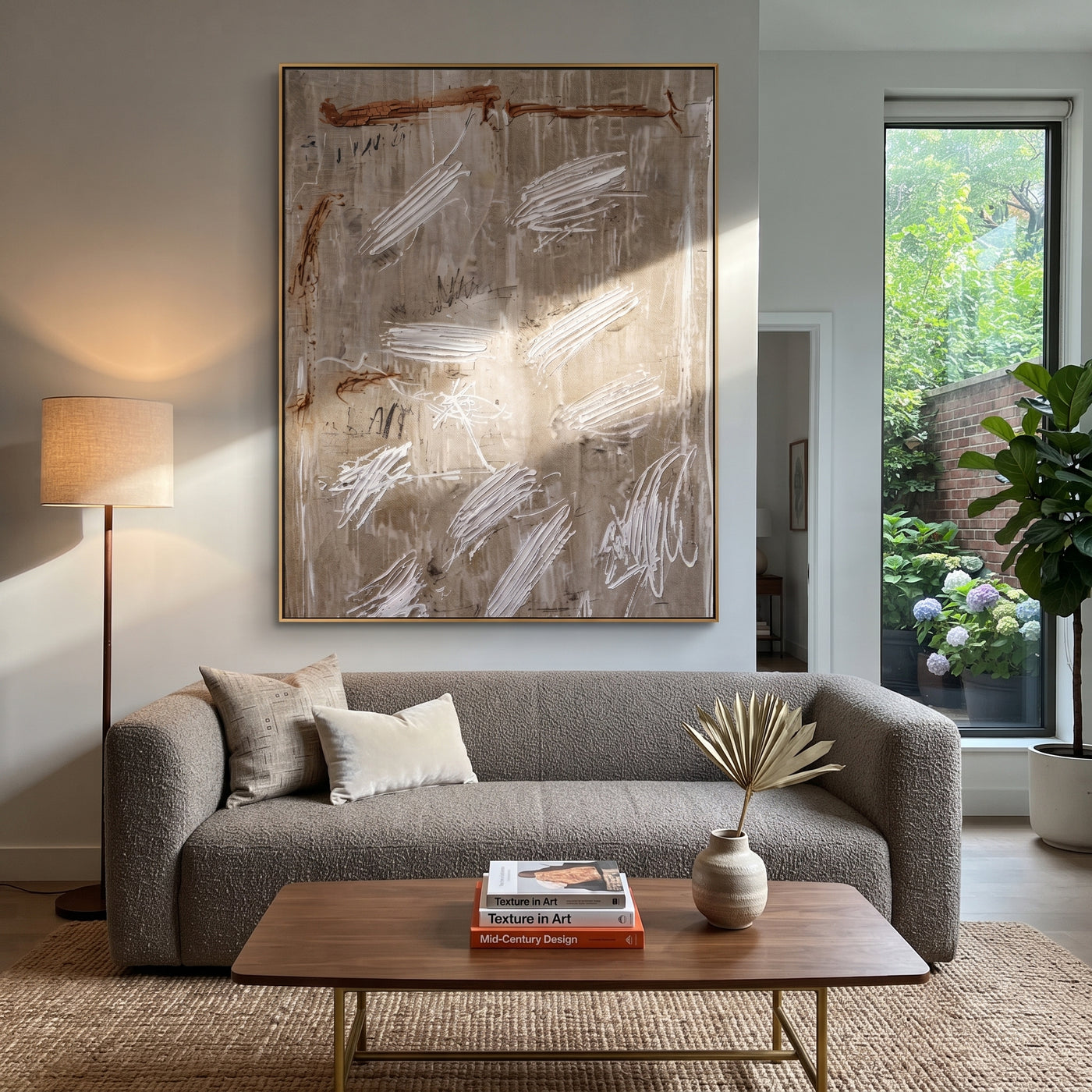White Scratches Cross Taupe - neutral abstract texture painting by Elliot Vale, modern figurative vertical wall art - styled room scene view 2