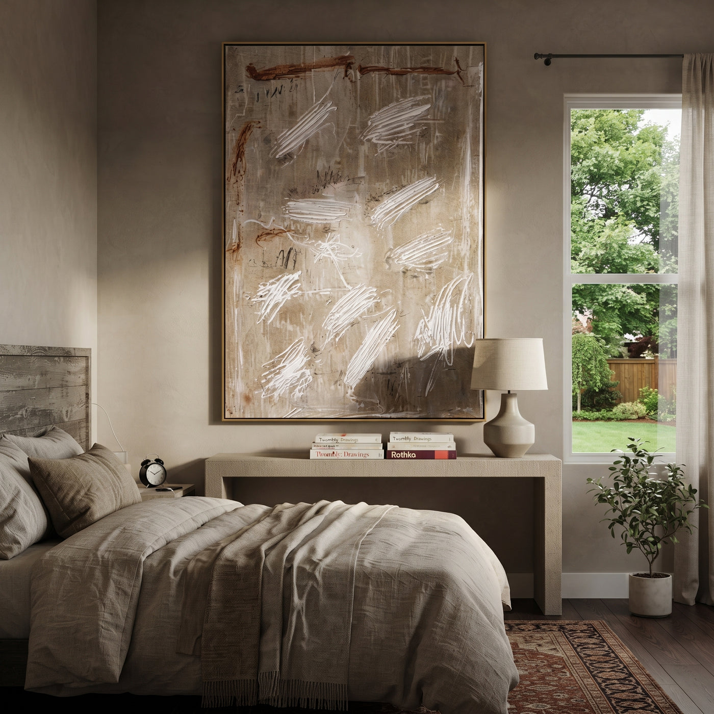 White Scratches Cross Taupe - neutral abstract texture painting by Elliot Vale, modern figurative vertical wall art - styled room scene view 3