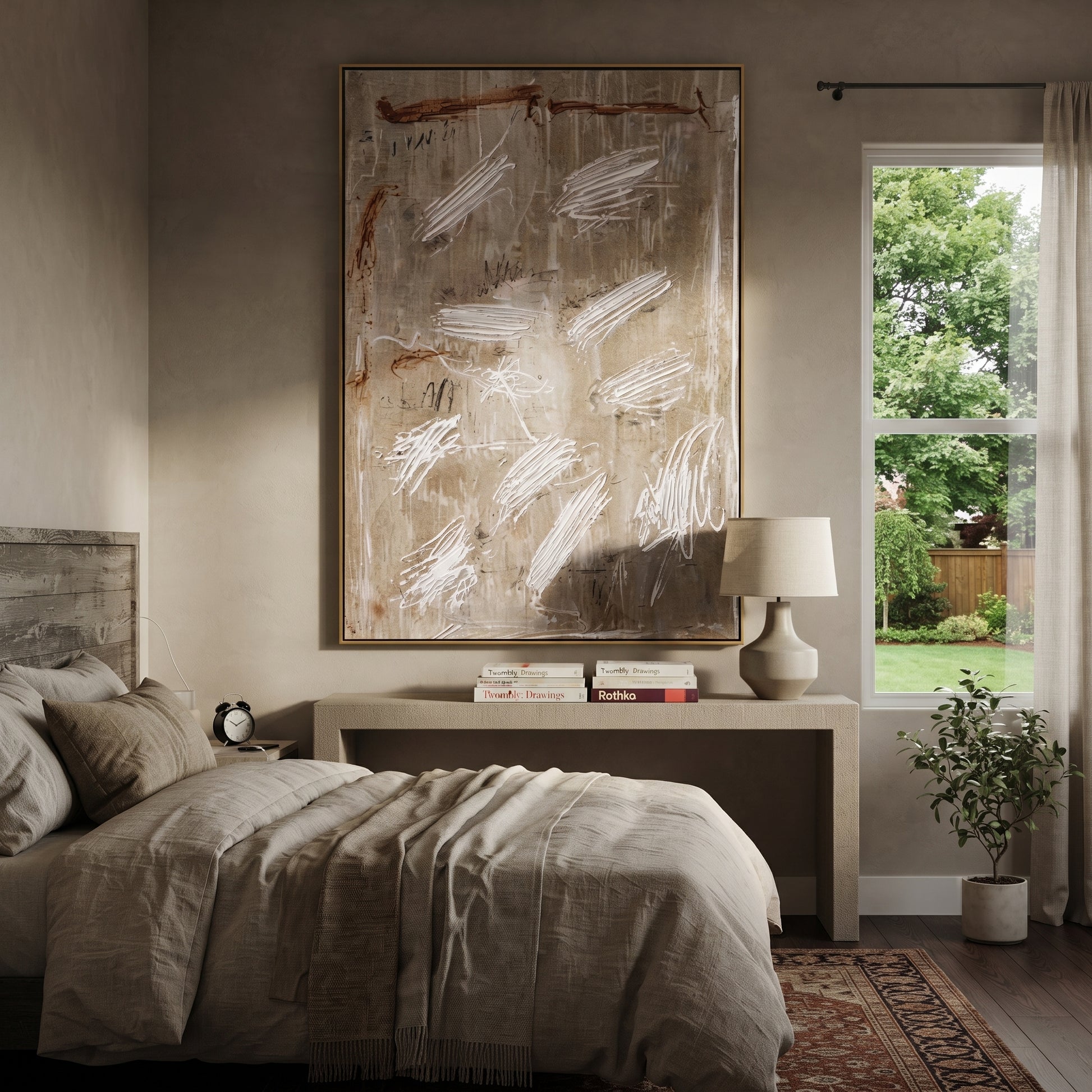 White Scratches Cross Taupe - neutral abstract texture painting by Elliot Vale, modern figurative vertical wall art - styled room scene view 3