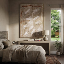 White Scratches Cross Taupe - neutral abstract texture painting by Elliot Vale, modern figurative vertical wall art - styled room scene view 3