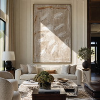 White Scratches Cross Taupe - neutral abstract texture painting by Elliot Vale, modern figurative vertical wall art - styled room scene view 4