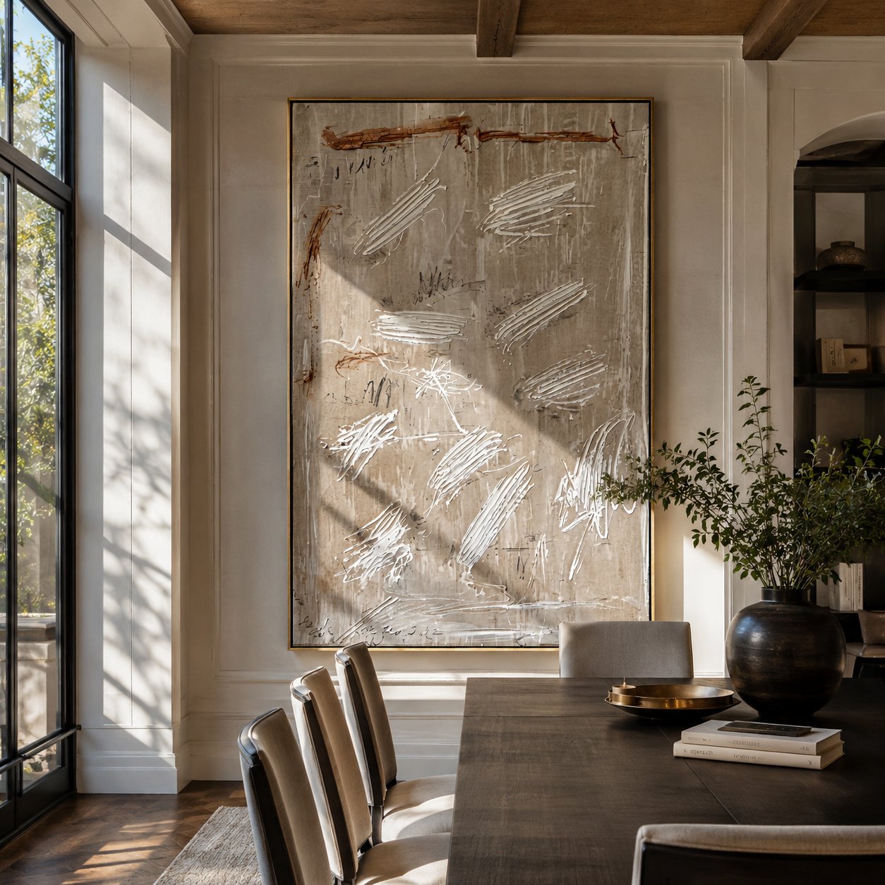 White Scratches Cross Taupe - neutral abstract texture painting by Elliot Vale, modern figurative vertical wall art - styled room scene view 5