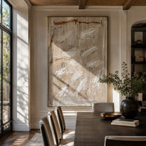 White Scratches Cross Taupe - neutral abstract texture painting by Elliot Vale, modern figurative vertical wall art - styled room scene view 5