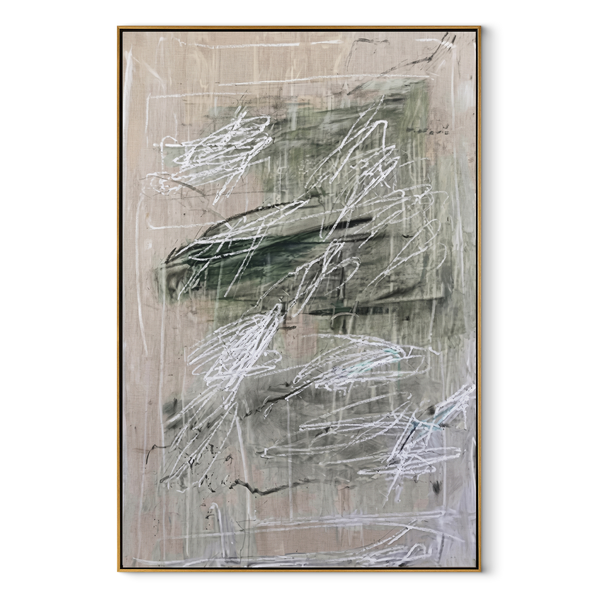 Green Traces Drift Gray - green abstract texture painting by Elliot Vale, modern figurative vertical wall art - framed artwork on white background