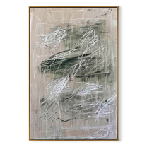 Green Traces Drift Gray - green abstract texture painting by Elliot Vale, modern figurative vertical wall art - framed artwork on white background