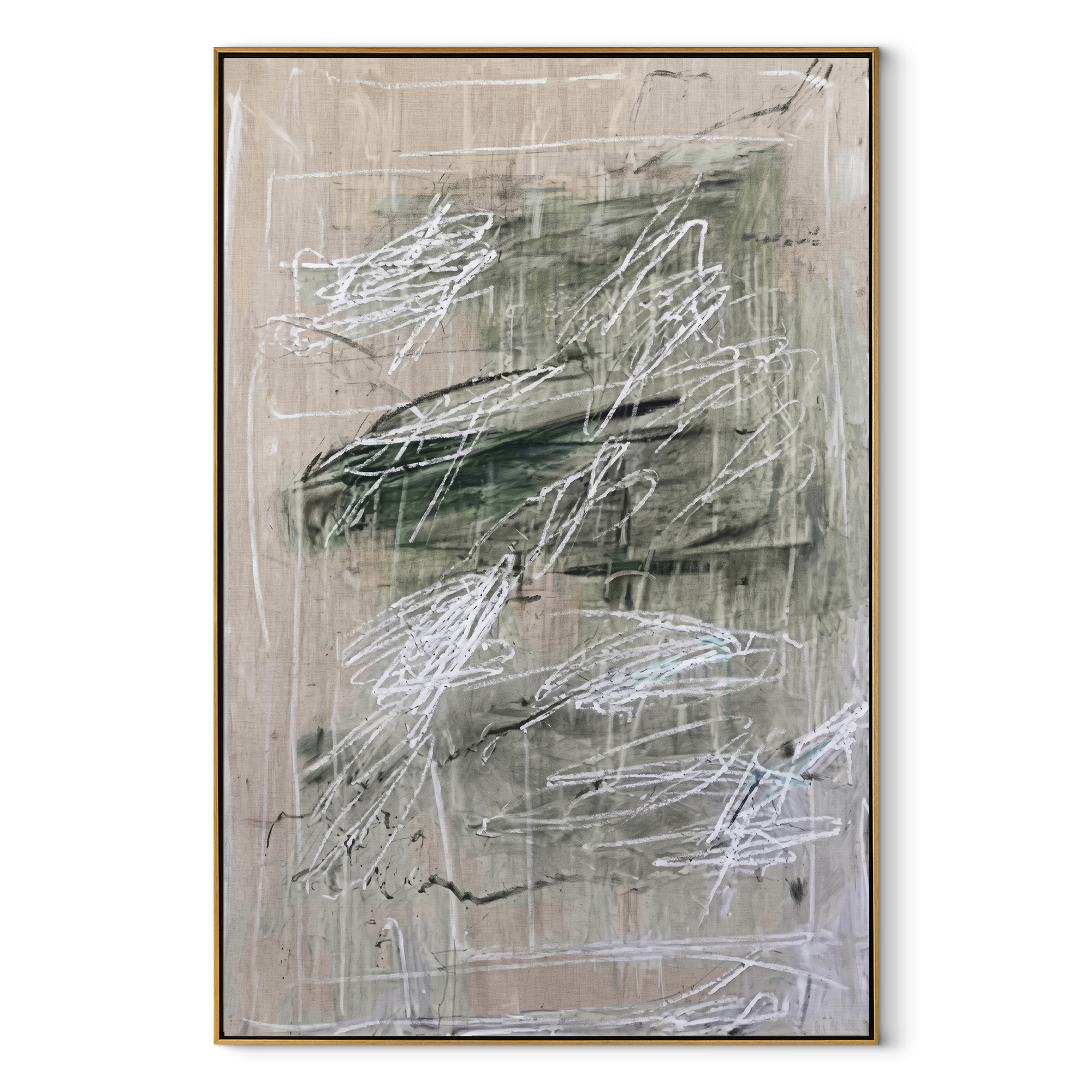 Green Traces Drift Gray - green abstract texture painting by Elliot Vale, modern figurative vertical wall art - framed artwork on white background