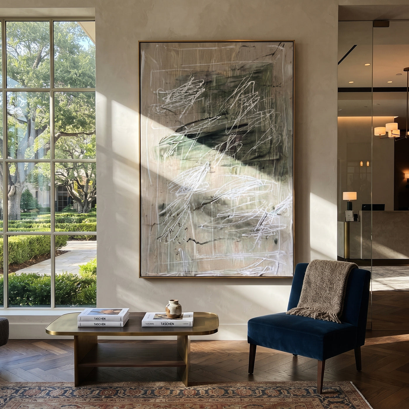 Green Traces Drift Gray - green abstract texture painting by Elliot Vale, modern figurative vertical wall art - styled room scene view 3