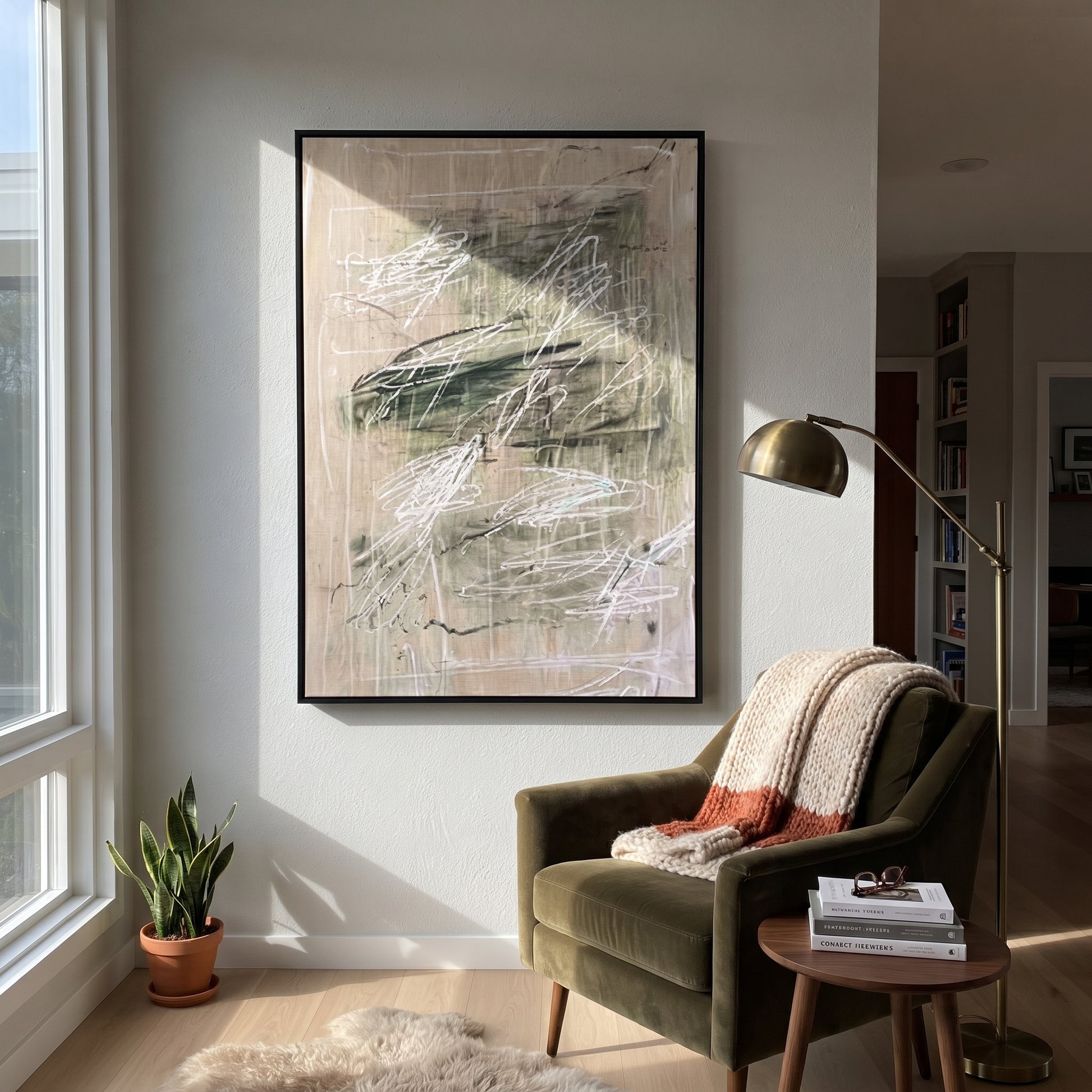 Green Traces Drift Gray - green abstract texture painting by Elliot Vale, modern figurative vertical wall art - styled room scene view 4