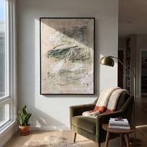 Green Traces Drift Gray - green abstract texture painting by Elliot Vale, modern figurative vertical wall art - styled room scene view 4